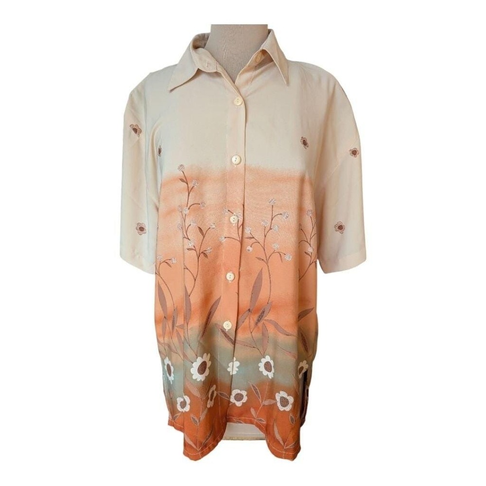 Short Sleeve Button Up Shirt Orange Ombre Floral Sz L Unique Sunset Gradient